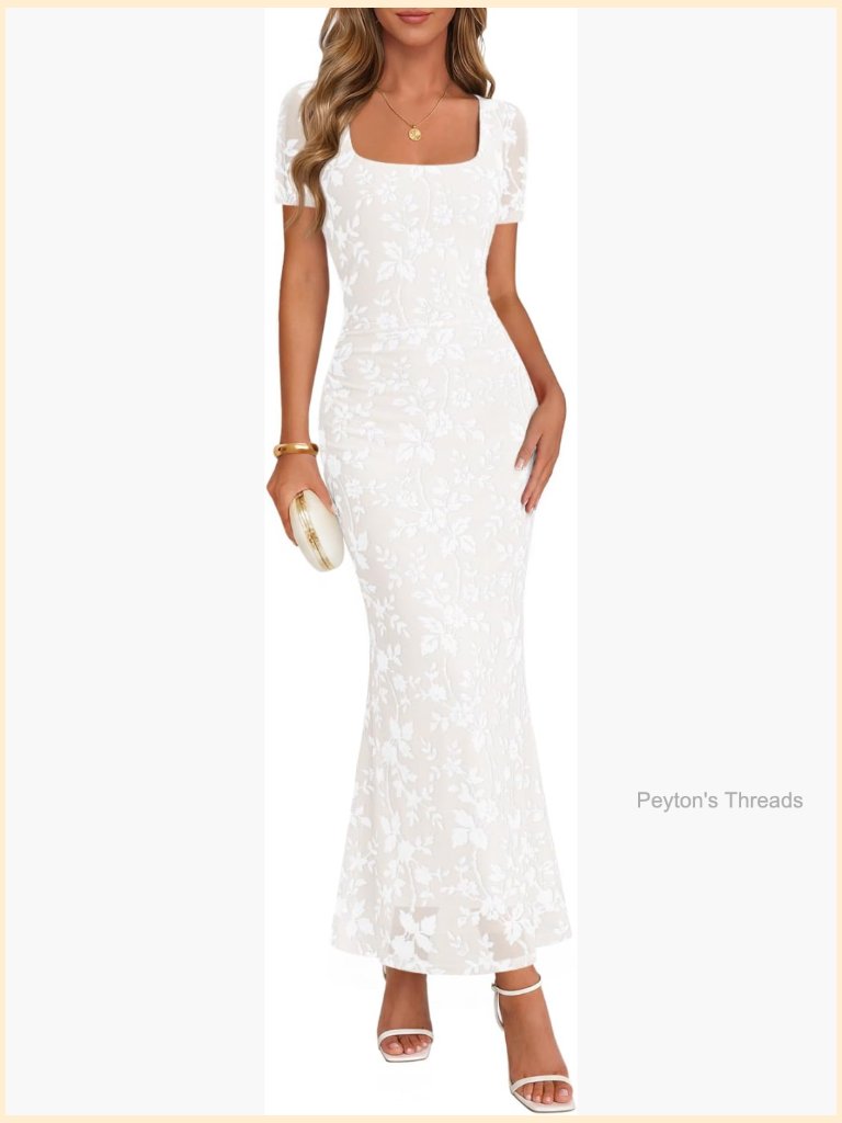 Women's Floral Bodycon Maxi Dress Square Neck Short Sleeve Cocktail Party Long